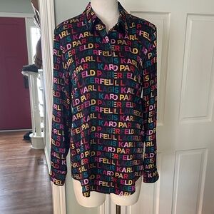 NWT Karl Lagerfeld Colorful Logo Print Button Up Shirt Sz Small